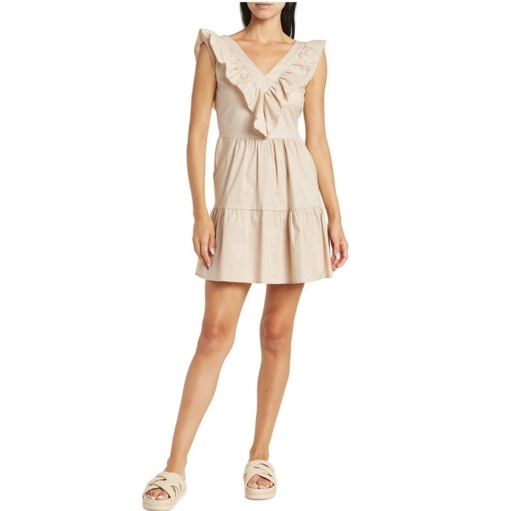 NWT Ruffle Open Summer Mini Dress M Romantic Coquette Poplin V-neck